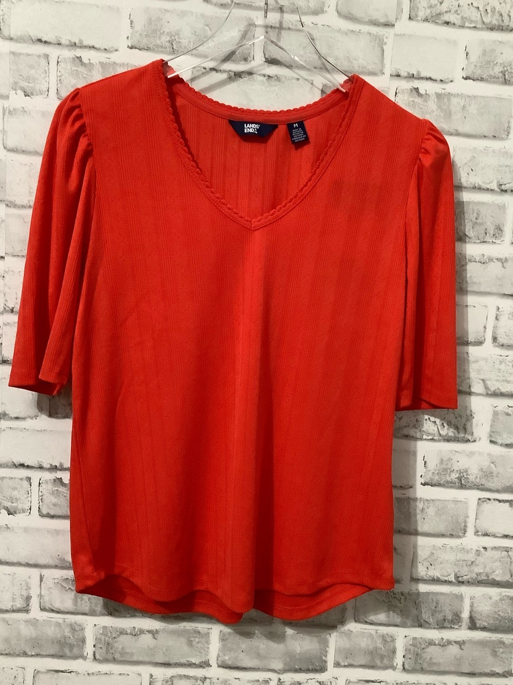 Lands End Red Pointelle V-Neck with Elbow Sleeves Blouse M NWT (w536)